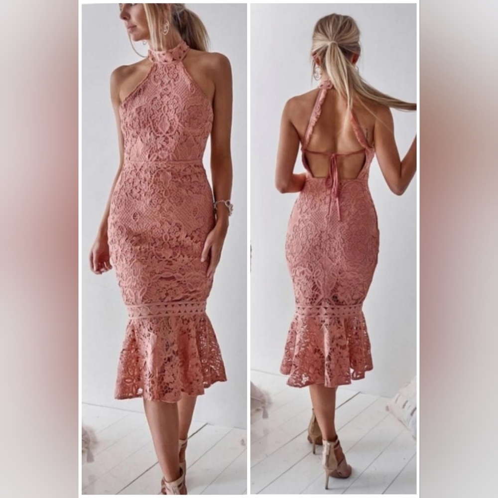 Two Sisters Sonia Dress Blush Pink Sz 6 Small Midi Formal Lace Halter Sleeveless